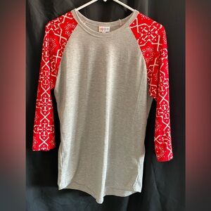 LuLaRoe  Raglan Sweatshirt - Gray Body with Red Patterned Sleeves